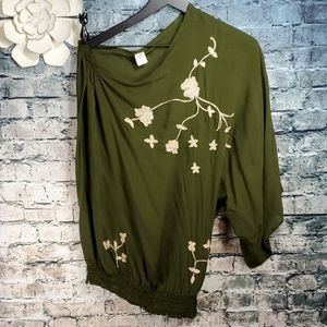 5/$30 🎀 Toko | Olive One Shoulder Boho Floral Tunic Top